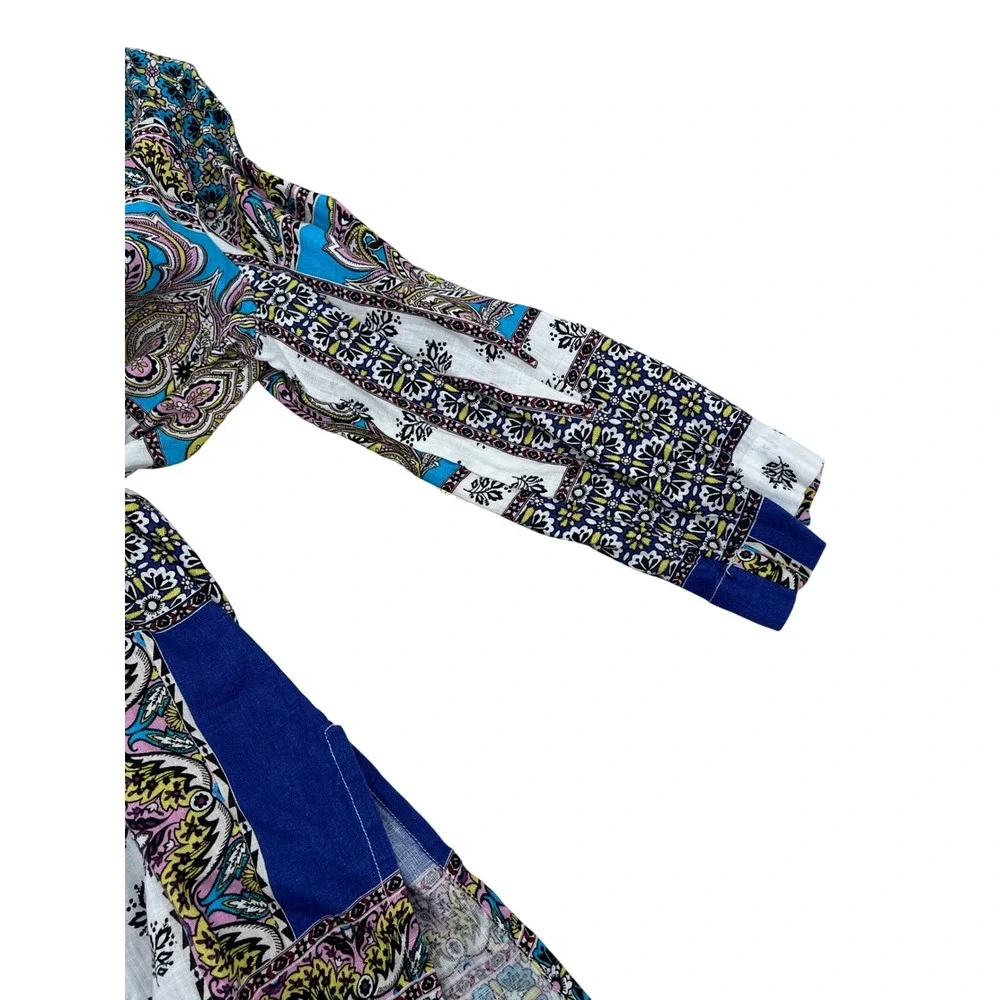 Chicos 100% Linen Paisley Patchwork Open Front Cardigan‎ Blue Size 1 US 8/10